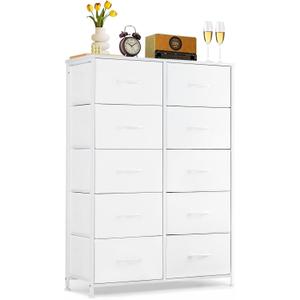 10-Drawer Dresser for Bedroom, Anti-Tip Tall Storage Organizer Chest of Drawers with Wooden Top and Metal Frame Fabric Bins for Closet, Living Room, Hallway, Entryway, White (11.8"D x 31.4"W x 45.6"H (10 Drawers))