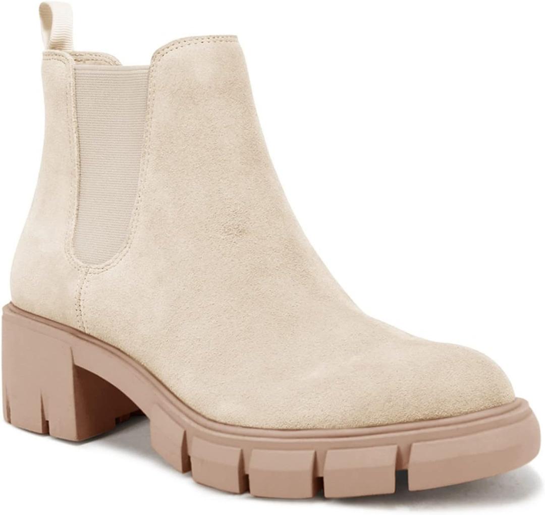 Juliet Holy Womens Lug Sole Platform Ankle Booties Chelsea Slip on Chunky Block Heel Leather Combat Boots (Beige)