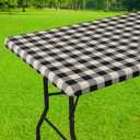Smiry Rectangle Picnic Table Cloth, Elastic Waterproof Fitted Vinyl Tablecloths, Flannel Backed Buffalo Plaid Table Covers for Dining, Camping, Outdoor (Black and Beige, 30" x 48")