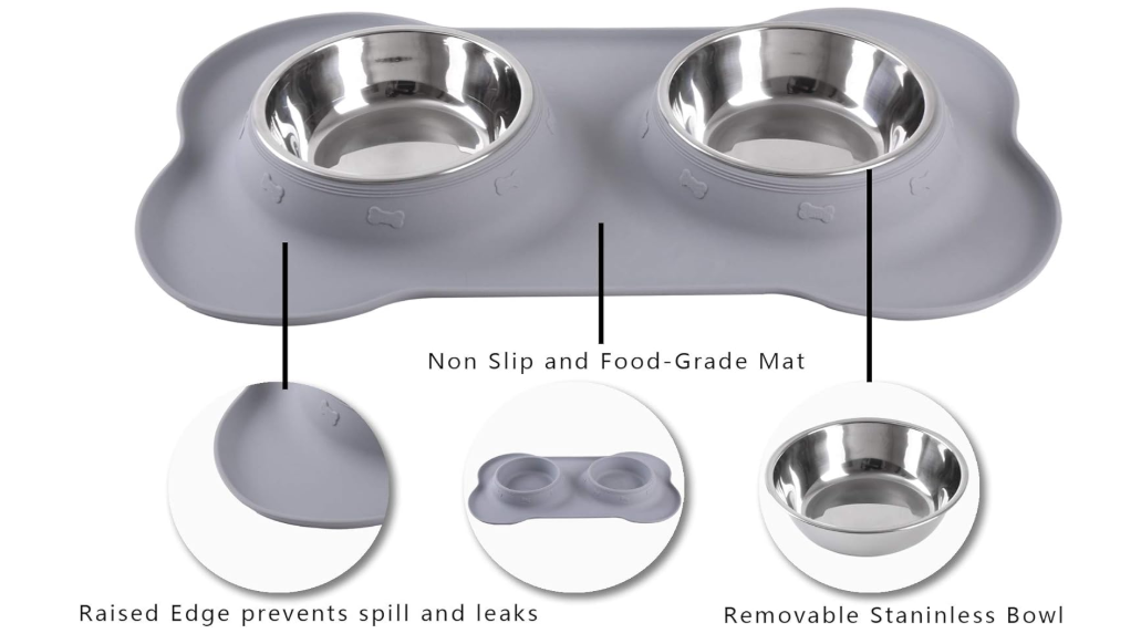 Hubulk Pet Dog Bowls 2 Stainless Steel Dog Bowl with No Spill Non-Skid Silicone Mat + Pet Food Scoop Water and Food Feeder Bowls for Feeding Small Medium Large Dogs Cats Puppies (Large, Gray)