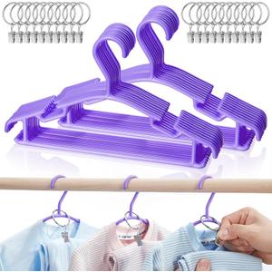 Baby Hangers with Metal Ring Clips, Children Plastic Hanger for Kids Pants Clothes Closet, 20 Pack, Purple