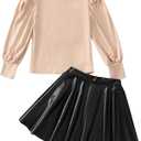 Girls Skirt Sets 2 Piece Outfits Long Sleeve Puff Mock Neck Tops and Plaid Skirts Fall Winter Clothes Size 6-14Y (11-12 Years, Khaki & Black)