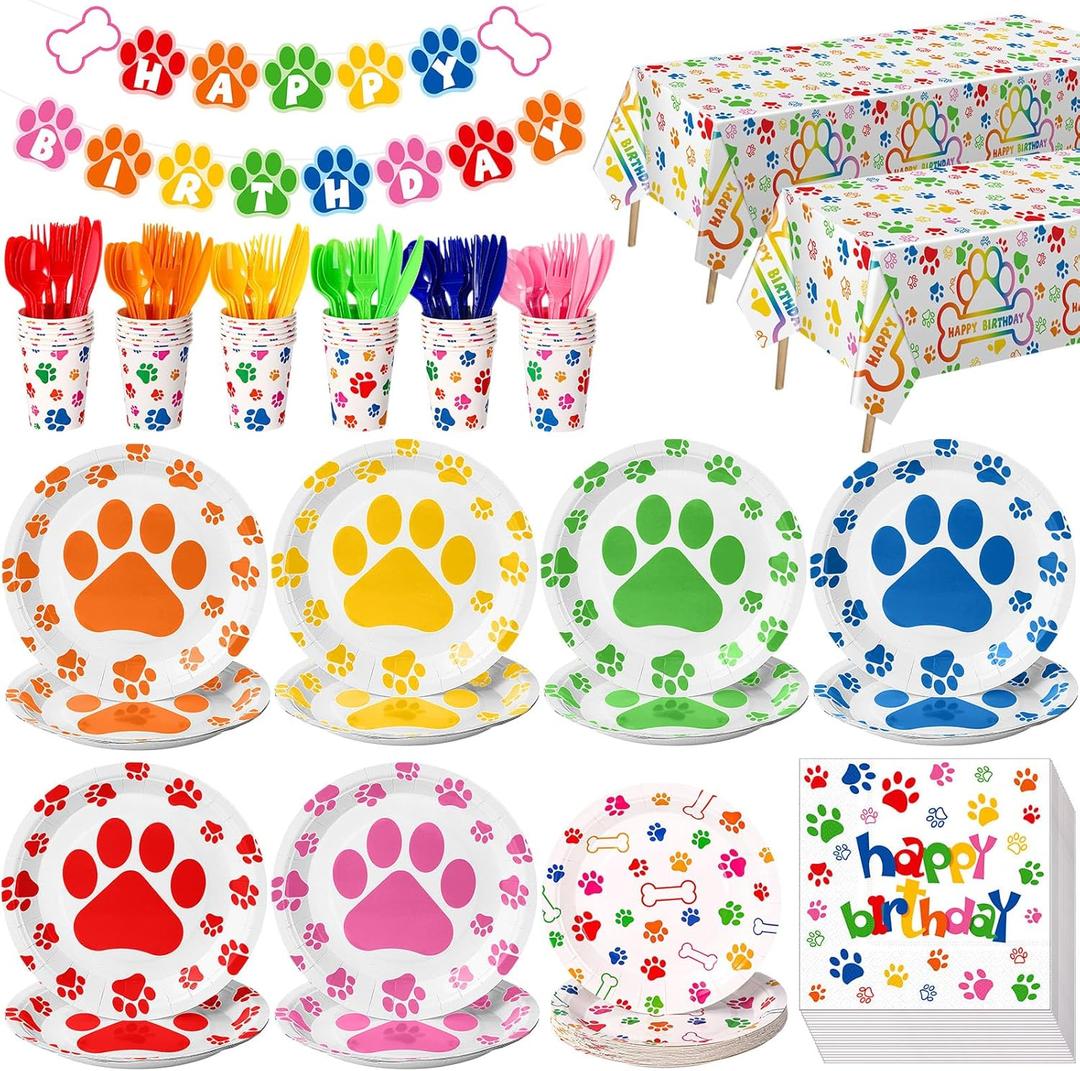 Gejoy 171 Pcs Dog Birthday Party Decorations Supplies Dog Paw Plates Banner Tablecloths Napkins Cups Knives Forks Spoons Doggy Puppy Party Decoration Serve 24 Guests(Stylish Color)