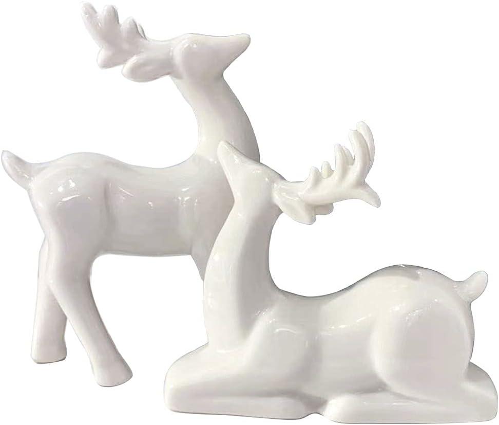 Porcelain Christmas Reindeer Figurines, Pack of 2 Mini Animal Reindeer Decor Deer Statues Sculpture Tabletop Ornaments for Cabinet Mantel Shelves Fireplace Home Dcor Accents Collectible Figurines