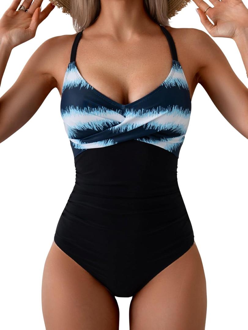 B2prity Women's One Piece Swimsuits Tummy Control Front Cross Bathing Suits Tie Back Slimming V Neck Swimwear (Large)