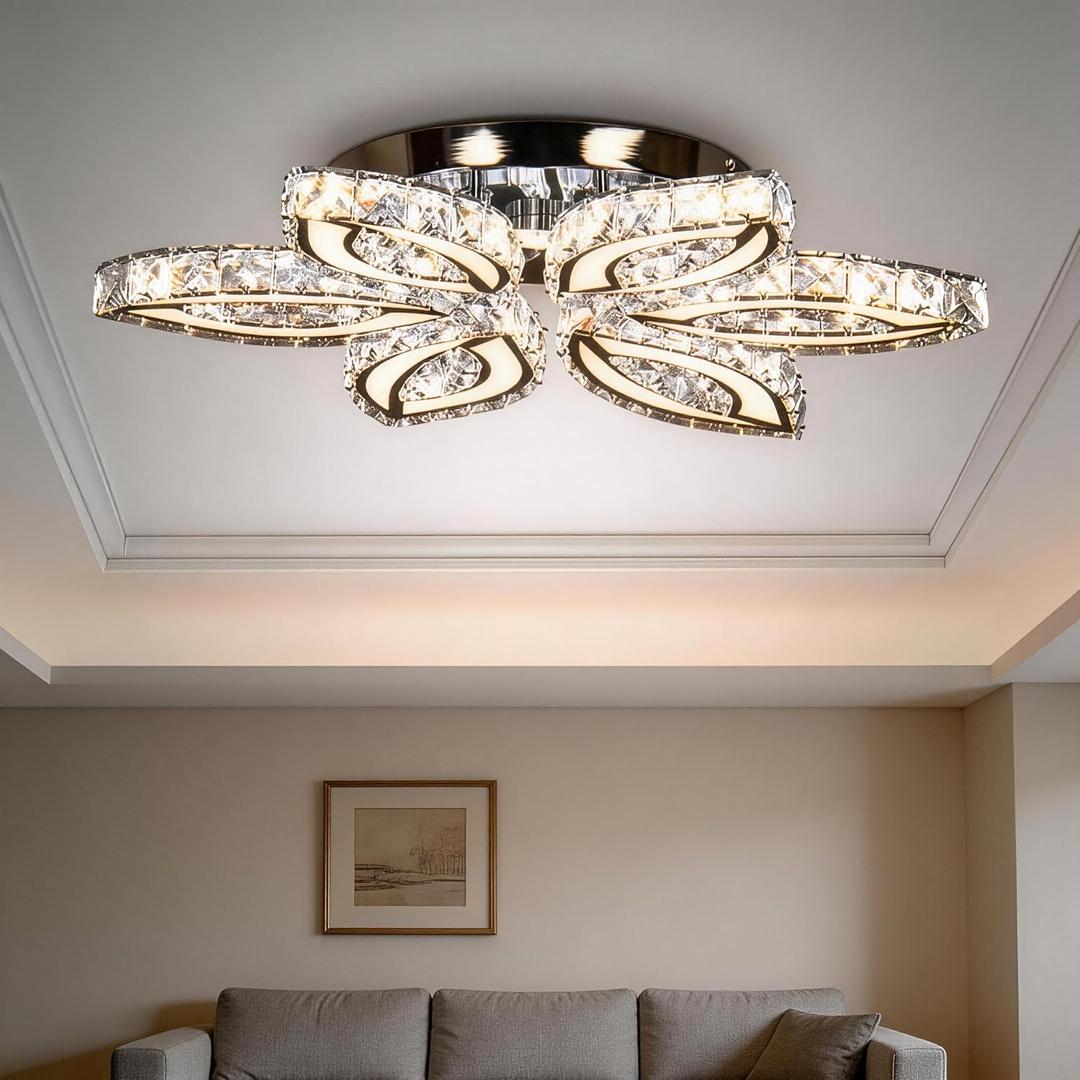 CLAIRDAI 20" Modern Crystal Ceiling Light Led Flush Mount Chandelier Flower Light Fixture Close to Ceiling Light for Bedroom Living Room Dining Kitchen (Multi-Color)