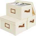 StorageWorks Storage Basket with Lid, Decorative Storage Boxes with PU Handles, Stackable Fabric Storage Bins for Closet, Shelves, Ivory, Large, 3-Pack