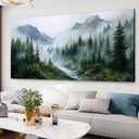 Trogonup Large Misty Forest Wall Art for Living Room Green Mountain Landscape Canvas Prints with Trees and River Modern Nature Artwork for Bedroom Office Home Decor 24"x48"