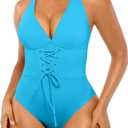 SHAPELLX Women One Piece Swimsuits Tummy Control Bathing Suits Push Up Slimming Swimwear with Built-in Bra V Neck Blue 2XL