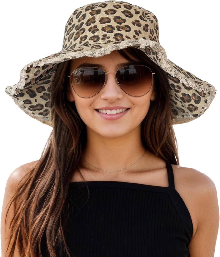 Womens Sun Hat Summer Wide Brim Foldable Beach Hats for Women Leopard Print Khaki (Brown)