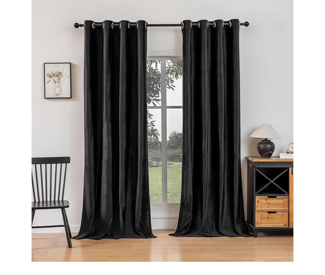 Black 100% Blackout Curtains Inch 2 Panels, Luxury Thermal Insulated Black Velvet Curtains for Bedroom Living Room, (38W x 82L)