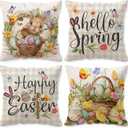 Easter Pillow Covers 16x16 Set of 4 Easter Throw Pillow Covers with Bunny and Eggs Spring Home Decor Buffalo Check Plaid Pillowcase Square Cushion Covers for Sofa Bed Couch