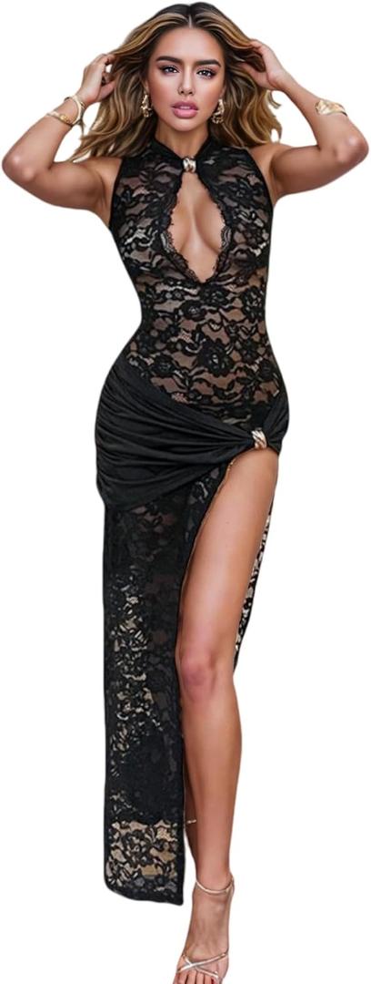 JUMISEE Womens Sexy High Slit See Through Lace Maxi Dress Sleeveless Hollow Out Bodycon Cocktail Dress Evening Gown (Large, Black)