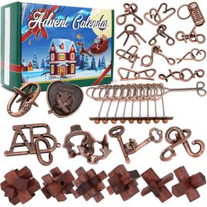Advent Calendar 2025, Christmas Countdown Calendar Gift Box with 24 Brain Teaser Puzzles, 24 Days Metal & Wood Brain Teaser Puzzles Xmas Countdown Calendar Challenge for Adults Teens Boys Girls (red)