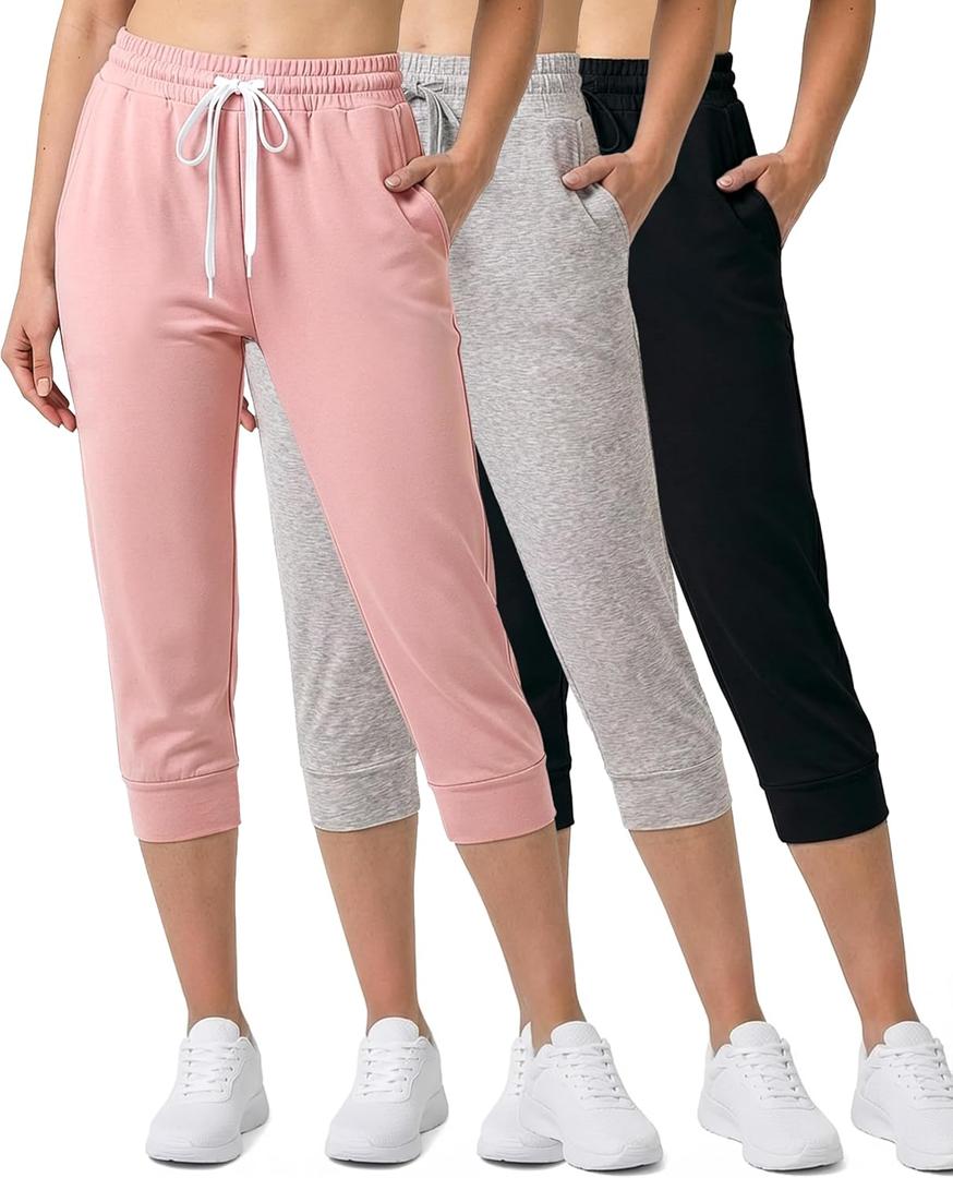 Real Essentials 3-Pack: Women's Ultra Soft Lounge Capri Joggers Sweatpants Athletic Yoga with Pockets