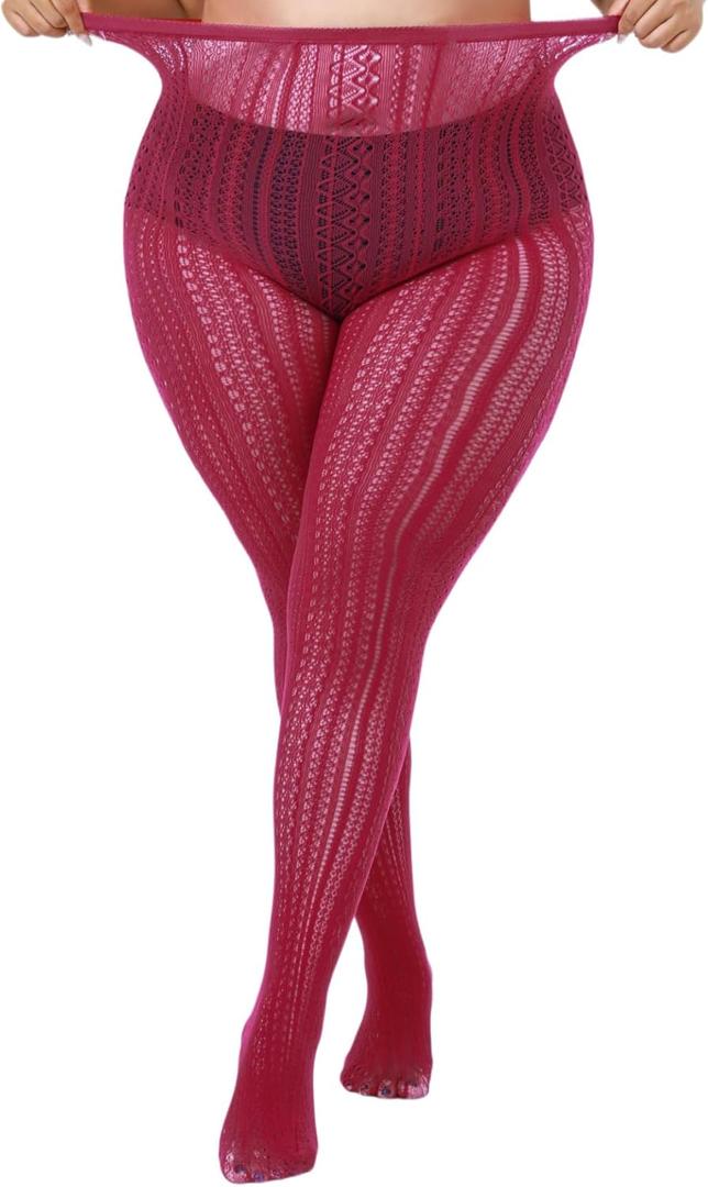 Stripe Lace Pattern Plus Size Tights High Waist Velvet Pantyhose Lace Fishnet Stockings Leggings (Cranberry)