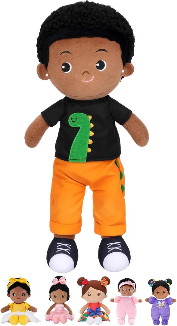 OUOZZZ 13" Black Baby Doll Toys for 1 + Year Old Boy Gifts, African American Doll Birthday Gifts for 1 Year Old Boy Christmas Plush Toys Gift for Toddler Kids Dinosaur