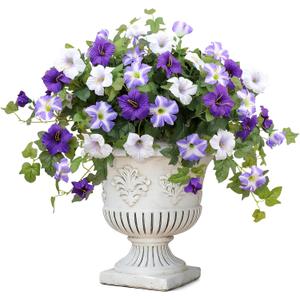 Artificial Flowers for Outdoors,2 PCS Purple Faux Morning Glory UV Resistant Silk Flowers for Outdoor Planters Garden Balcony Porch Decor Realistic Fake Flowers for Spring Decoration