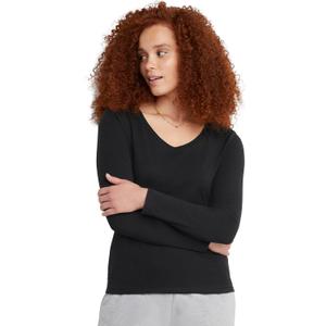 Hanes Women's Long Sleeve Cotton V-Neck T-Shirt, Lightweight V-Neck Tee, Modern Fit (Medium, Ebony)
