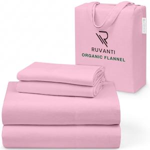 RUVANTI Flannel Sheets Queen Size - GOTS Certified 100% Organic Cotton, 4 Piece Warm, Soft & Breathable Set, Deep Pocket Snug Fit, Double Brushed Cozy All Season Bedding, Soft Pink