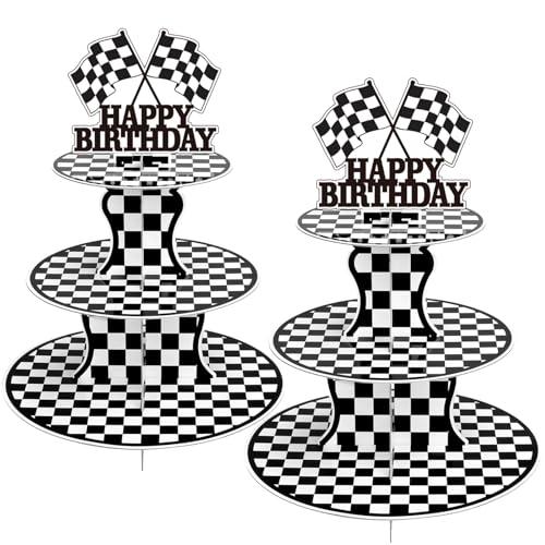 BACUTHY 2 Pack Race Car Cupcake Stands Birthday Party Supplies, Two Fast Cars Decorations Truck Theme Favors - 3 Tier Cardboard Cup Cake Holder Tower