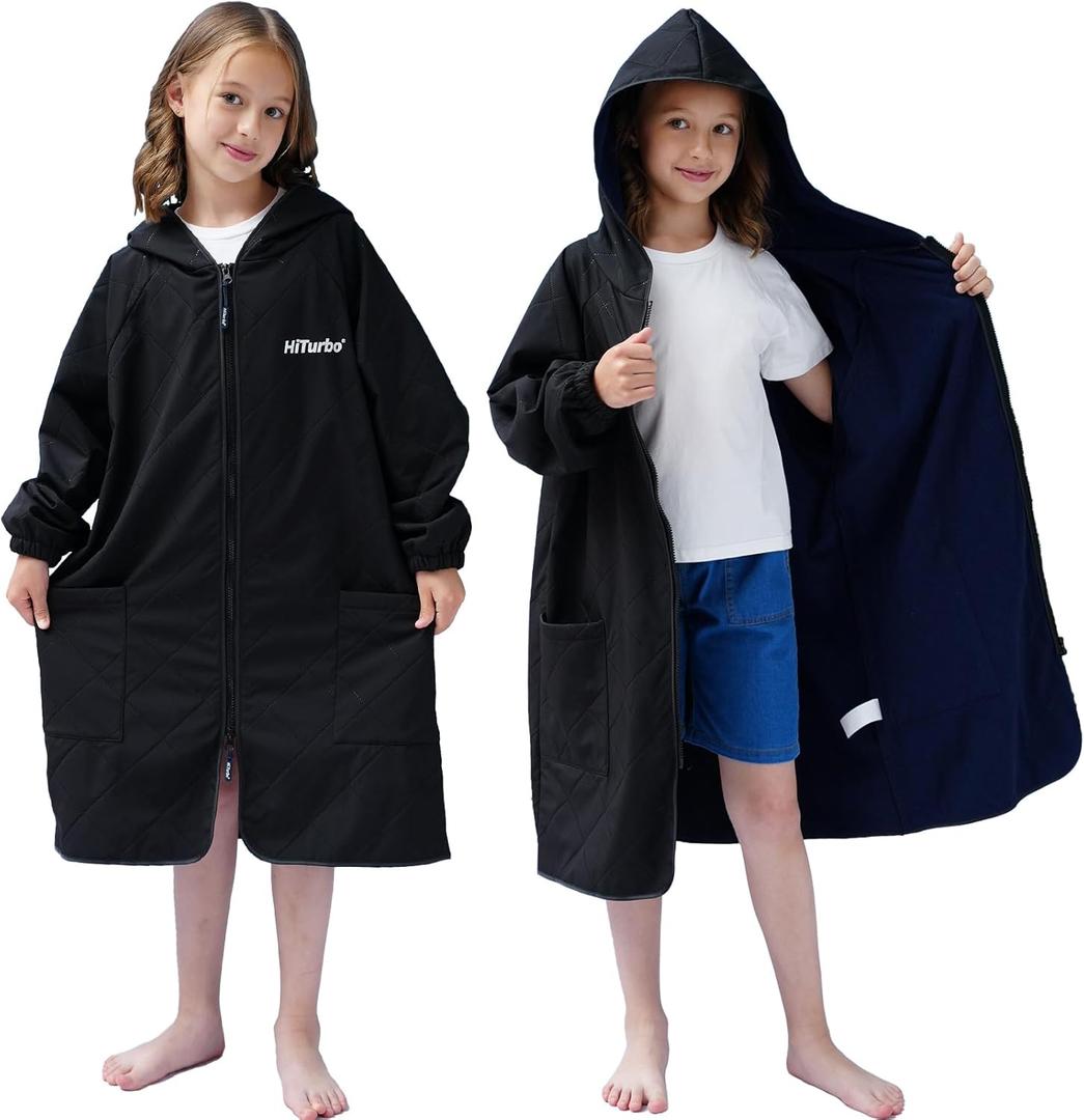 Hiturbo Kids Swim Parka: Diamond Quilted Waterproof Swimming Jacket Windproof Surf Poncho - Lightweight Hooded Swimmer with Quick-dry Changing Towel Lined - Boys Girls 7-12 Years - Black