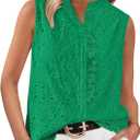 BTFBM Women's Sleeveless Button Down Shirts Ruffle V Neck Casual Hollow Out Eyelet Tops Boho Summer Vacation Blouse 2025 (Medium, Green)
