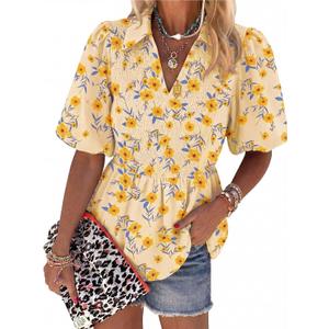 Womens Puff Sleeve Floral Babydoll Tops Lapel Collar V Neck Ruffle Peplum Blouse Smocked Tunic Top Dressy Tee Shirts (Yellow, M)