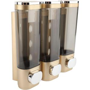 Shampoo and Conditioner Dispenser, 3 in 1 Bathroom Shower Dispensers, No Drill Wall Mounted Shampoo Dispenser, Transparent Shower Soap Dispenser for Bathroom Hotel (Gold)