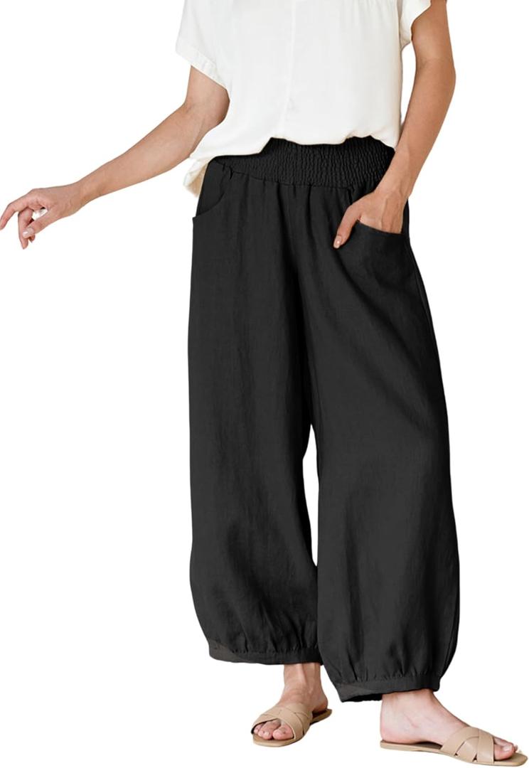 Xiaoxuemeng Womens Wide Leg Pants Cotton Linen Barrel Pants Elastic Waisted Lounge Trousers with Pockets (Black, M)