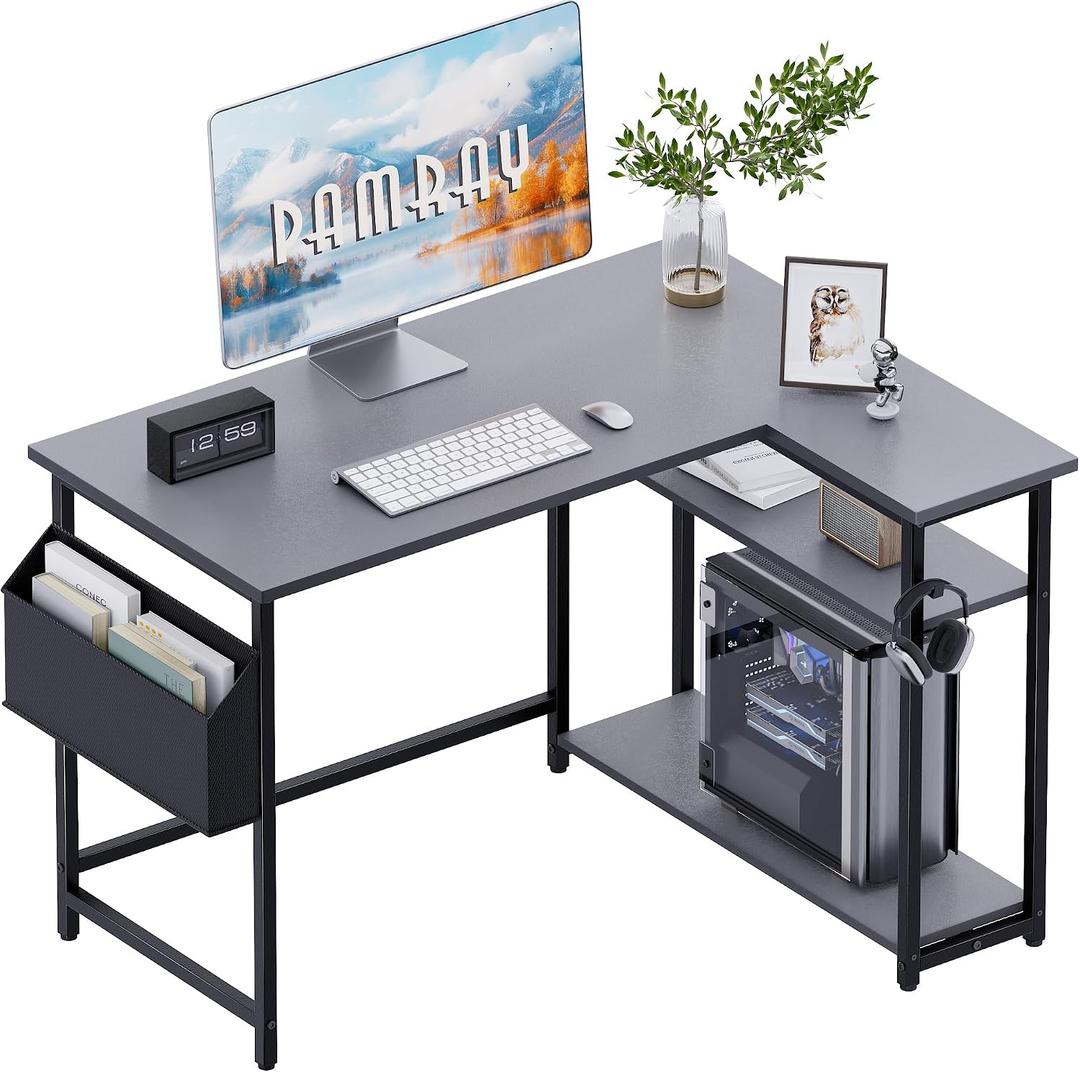 Pamray 40 Inch L Shaped Computer Desk with Reversible Side Storage Shelves, Small Corner Desk for Small Space Home Office, Writing Study Table PC Desk for Bedroom, Grey