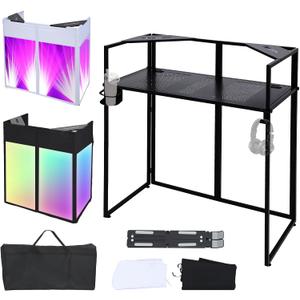 Portable DJ Booth Facade,DJ Table,Heavy-Duty DJ Table Stand Portable Booth,Iron Plate Surface DJ Facade Booth,with Carry Bag & Hook & Cup Holder (41.3"L x 20.4"W x 43.3"H), 43.3"x41.3"x20.5"