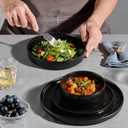 E-far 16-Piece Black Plates and Bowls Sets with Pasta Bowls - Stoneware Dinnerware Set for 4, Modern Ribbed Matte Black Kitchen Dishes, Microwave & Dishwasher Safe