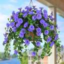 Waipfaru Artificial Hanging Baskets with Flowers, Fake Hanging Plants Outdoors, Faux Vine Bougainvillea for Urn Fillers Front Porch Patio Outside Summer Decor (Blue)