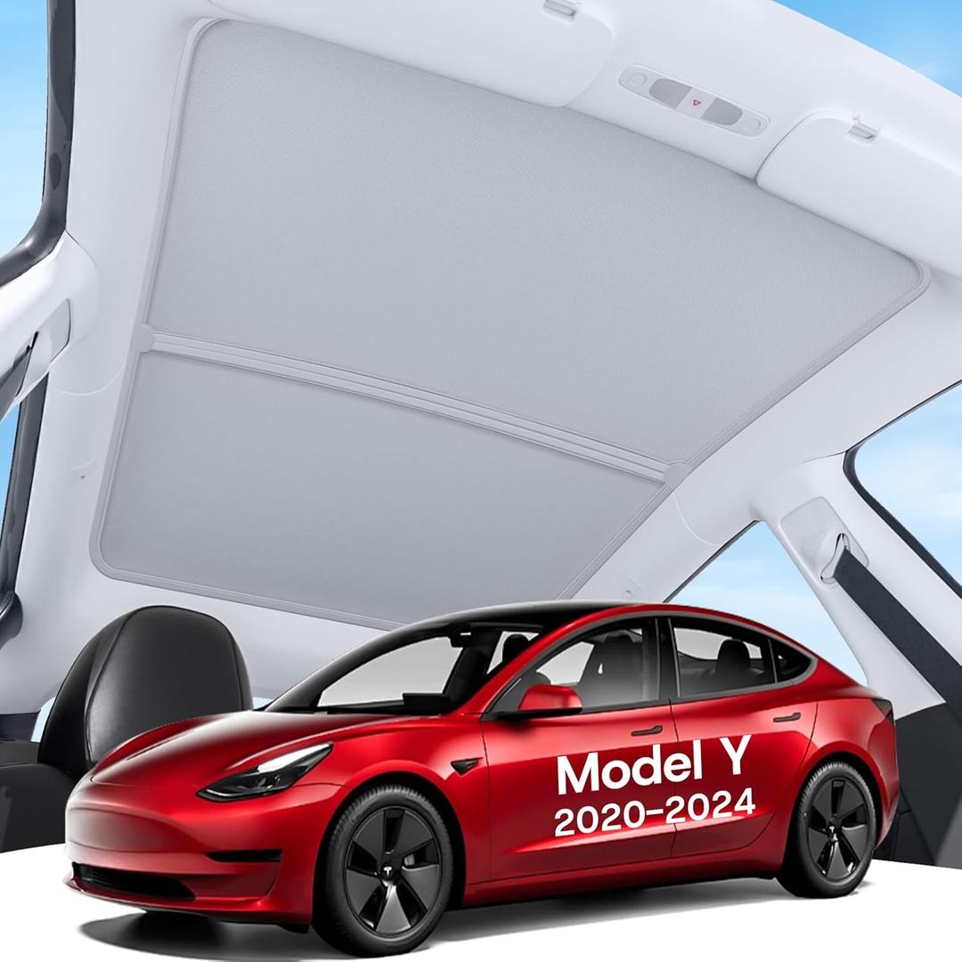 Upgrade Sunshade Roof for Tesla Model Y 2020-2024, [Graphene Infused Fabric & UPF 50+ & No-Sag] OEM-Fit Precision Heat Insulation Glass Roof Sun Shade for Tesla Model Y Accessories, Gray, 2PCS