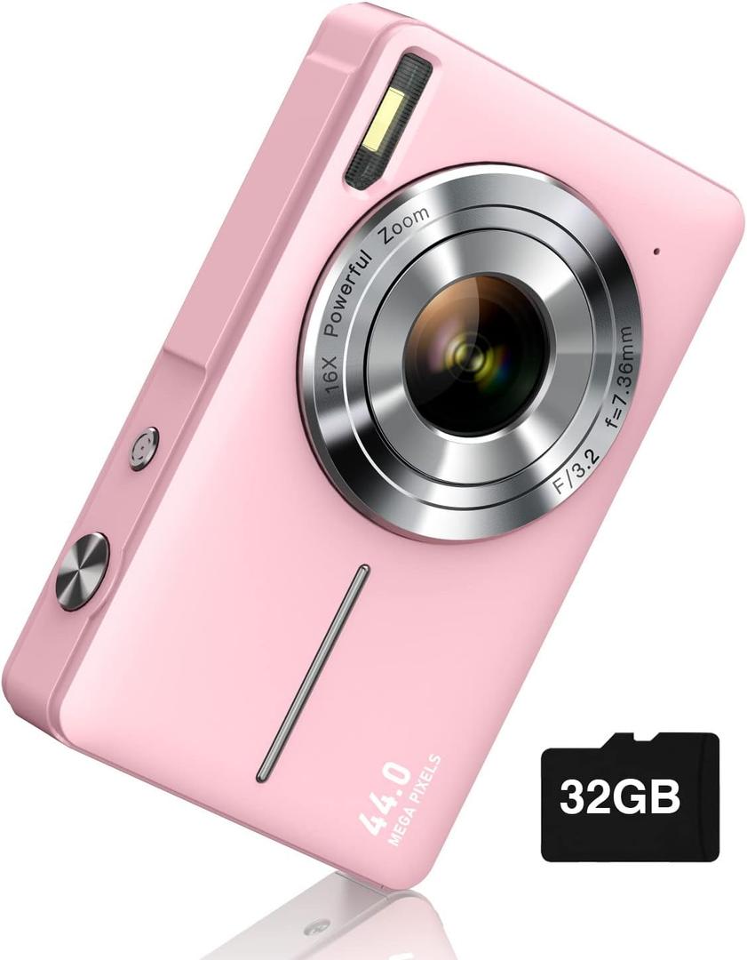 Digital Camera, FHD 1080P Camera, Digital Point and Shoot Camera with 16X Zoom Anti Shake, Compact Small Camera for Boys Girls Kids (Pink)