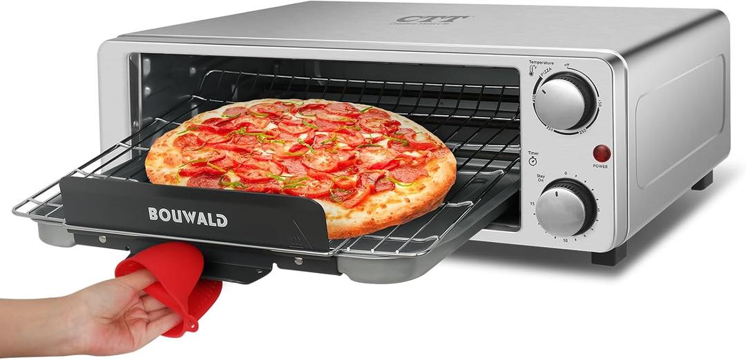 CTT Semi-Open Electric Pizza Oven for 10" Pizza, Stainless Steel Pizza Oven Countertop for Indoor Pizza Maker, 1200W Portable Countertop Pizza Oven with Timer, Knob Control,Silver