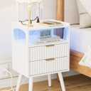 Nightstand with Charging Station and LED Lights,Modern Bedside Table with 2Drawer and Open Shelf,White Night Stand with Solid Wood Legs,End Table for Living RoomBedroom and Small Spaces