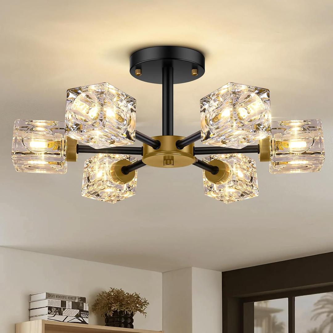Black Modern Chandelier, 6-Light Crystal Semi Flush Mount Ceiling Light Fixture, 17.3" Farmhouse Kitchen Pendant Light with Cube Shade, Industrial Sputnik Chandeliers for Dining Room, Bedroom