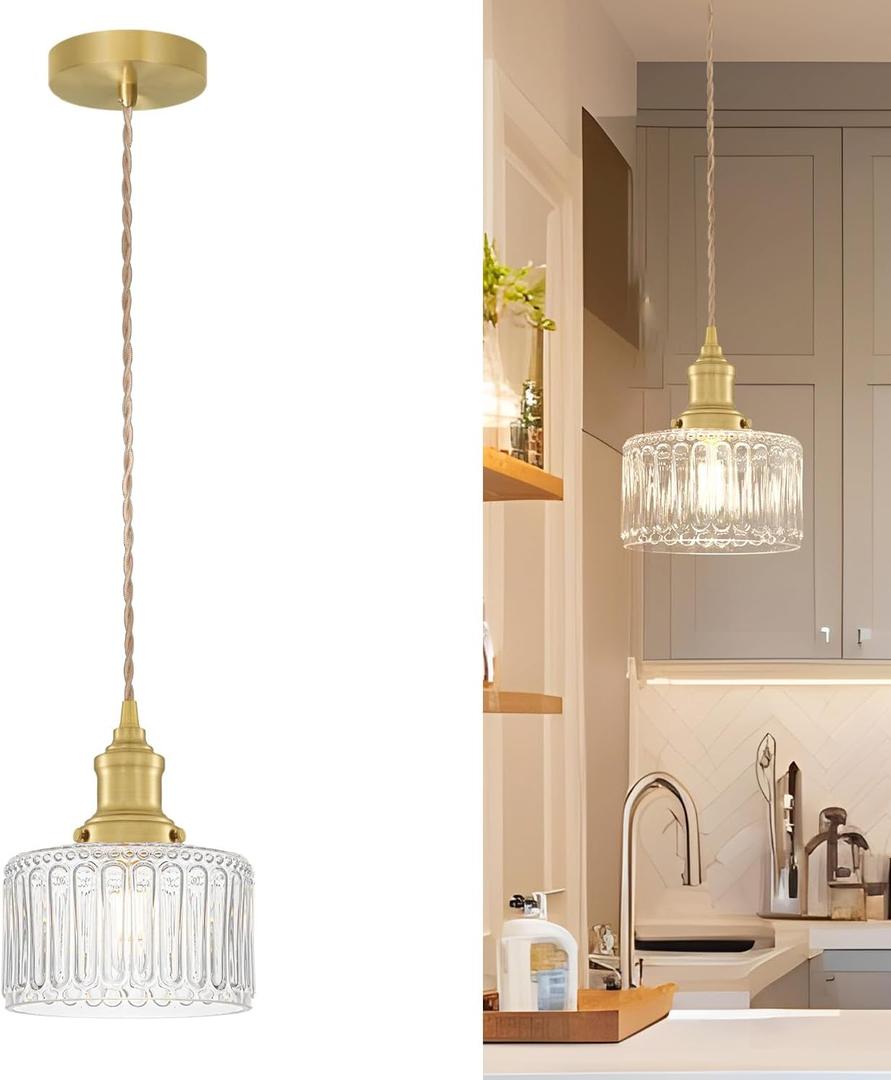 Vintage Pendant Lights for Kitchen with Clear Striped Glass Shade, 6.9 In Brushed Gold Pendant Lights Kitchen Island, Small Kitchen Island Lighting Adjustable Hanging Light for Entrance Hallway
