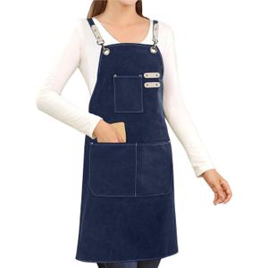 Cotton Canvas Cross Back Apron for Art Painting Garden Chef Bartender Work,Women Men 3 Pockets Waterproof Adjustable M-XXL (Blue)