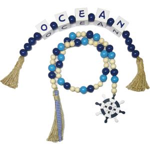 2 Pieces Ocean Letter Block Bead Garland with Tassels Wood Bathroom DecorBlue Nautical Marine Beach Rope Beads Garland Farmhouse Decoration Tiered Tray Table Decor Set