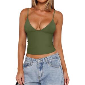 REORIA Butsmooth Womens Sexy V-Neck Sleeveless Double Lined Going Out Y2K Trendy Cami Shirt Cropped Tank Tops (Green)