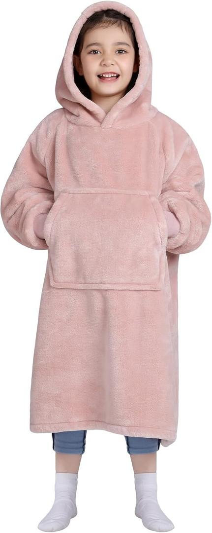 Waitu Wearable Blanket for Kids, Wearable Blanket Hoodie for Teens Girls Boys, Warm Blanket Sweatshirt Gift for Teenage, Hoodie Blanket with Sleeves and Giant Pocket - Pink