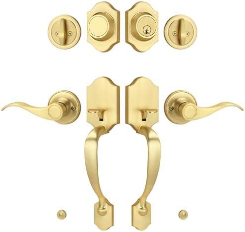 LOQRON Double Front Door Handle Set with Dummy and Deadbolt, Brushed Gold Entry Front Door Lock Set with Gold Classic Half Grip Curved Door Handle for Exterior Doors or Office, Satin Brass