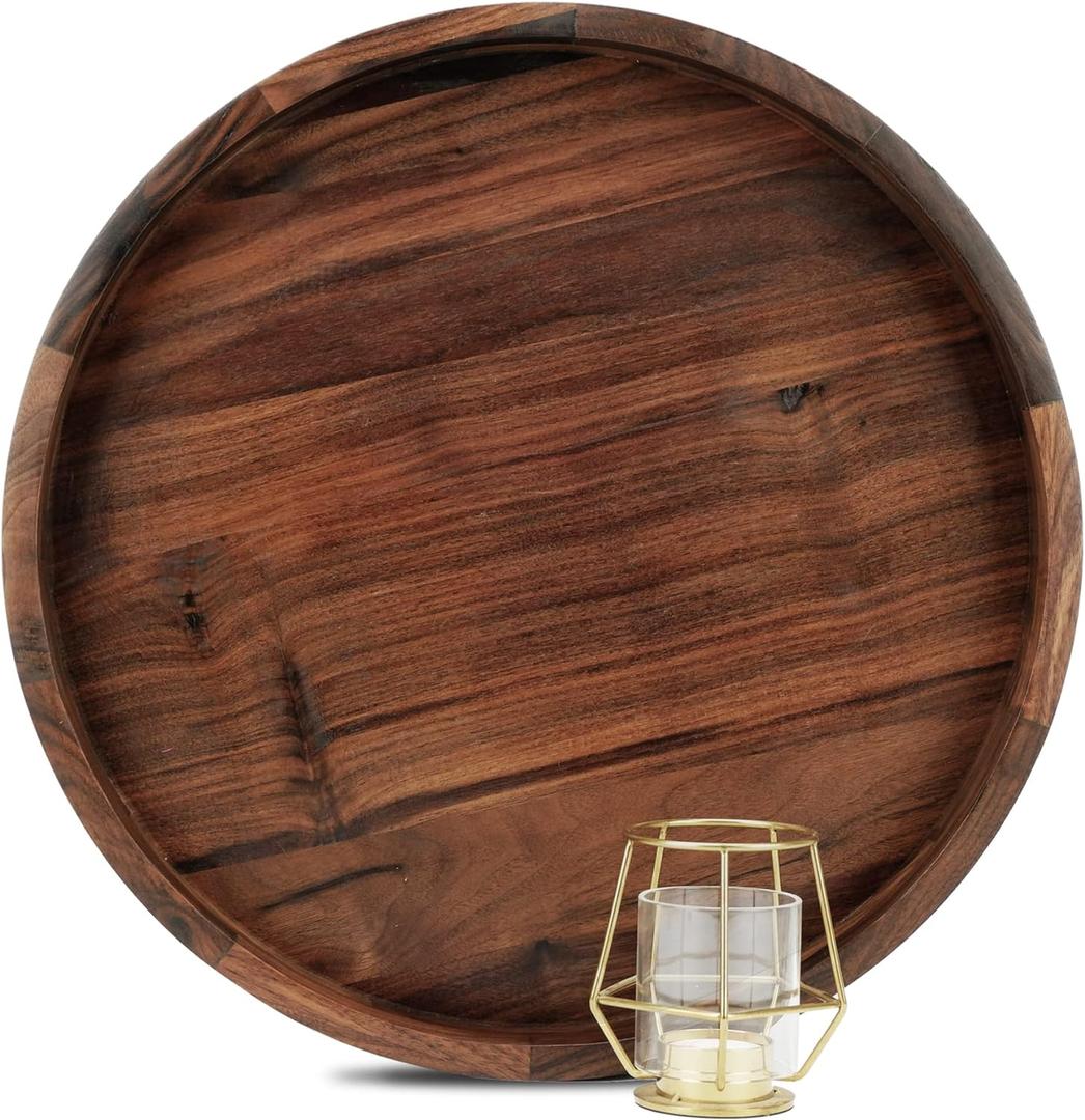 MAGIGO 16 Inches Extra Large Round Black Walnut Wood Ottoman Tray with Handles, Serve Tea, Coffee or Breakfast in Bed, Classic Circular Wooden Decorative Serving Tray
