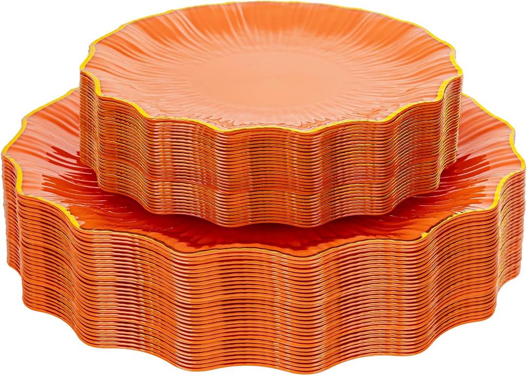 Rubtlamp 60Pcs Orange Plastic Plates - Orange Scalloped Plates with Gold Trim - 30 Dinner & 30 Dessert Platos, Heavy-duty Gold Plates for Party (30 Guests)