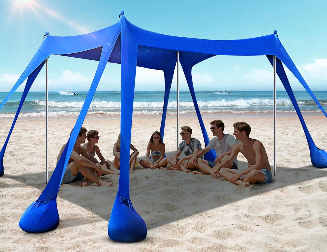 Rengue Beach Tent, Beach Canopy UPF50+ UV Protection, 10x10ft Beach Shade Sun Shelter with 8 Sandbags, Sand Shovels, Ground Pegs, Stability Poles for Camping, Fishing, Picnic, Backyard Fun, Royal Blue