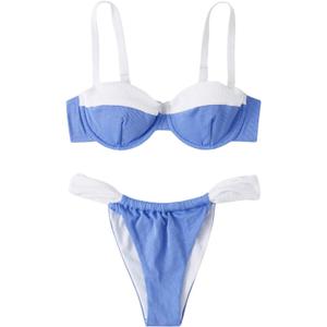 SOLY HUX Women's Color Block Underwire Bikini Sets Bathing Suits Two Piece Swimsuits (Medium, Blue and White Colorblock)