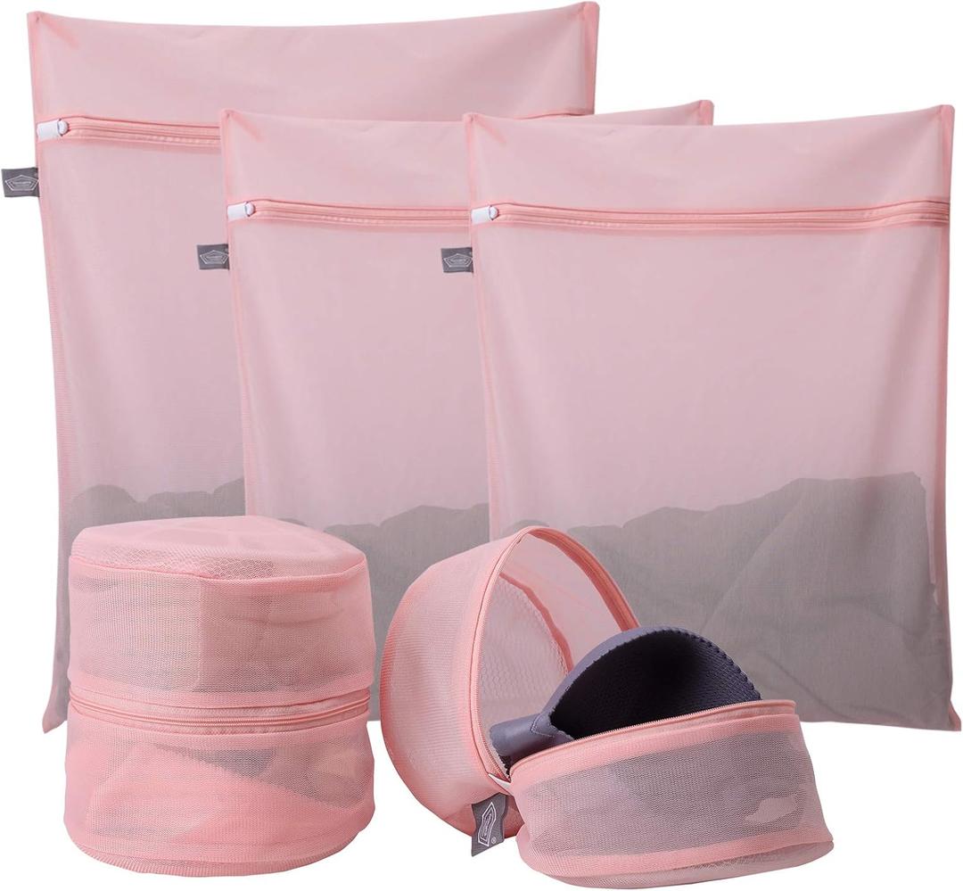 Kimmama Laundry Bag Mesh Wash Bags, Washing Machine Wash Bag, Net Washer Sack with Zipper, Dryer Pouch for Cleaning and Drying Cloths, Garment, Sweater, Delicates, lingerie, Bra, Pant, Sock, Toys (1XL(20x24")+2L(16x20")+2Bra Bag, Pink)